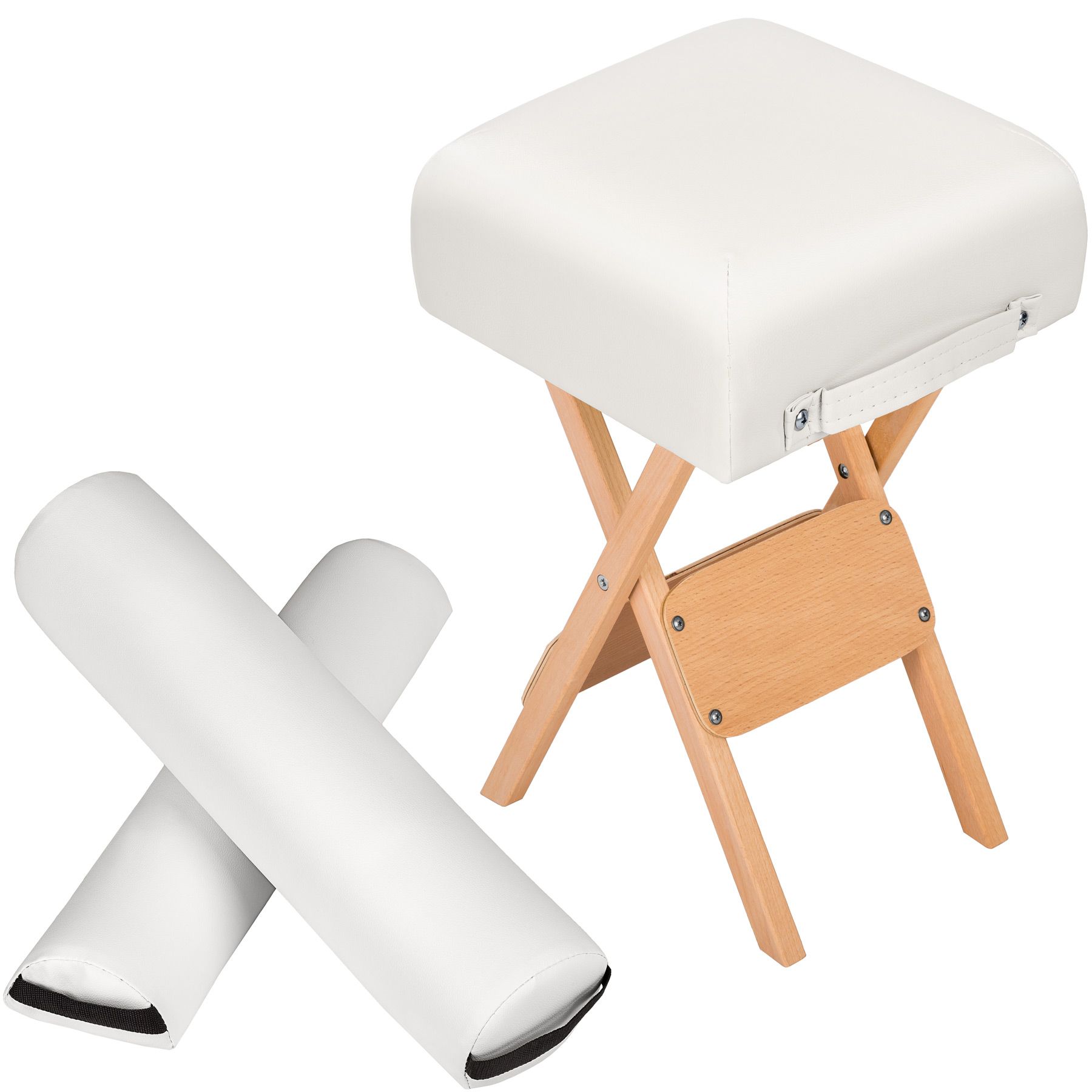 Stool & Bolster Cushion Set - foldable, padded, wood and faux leather