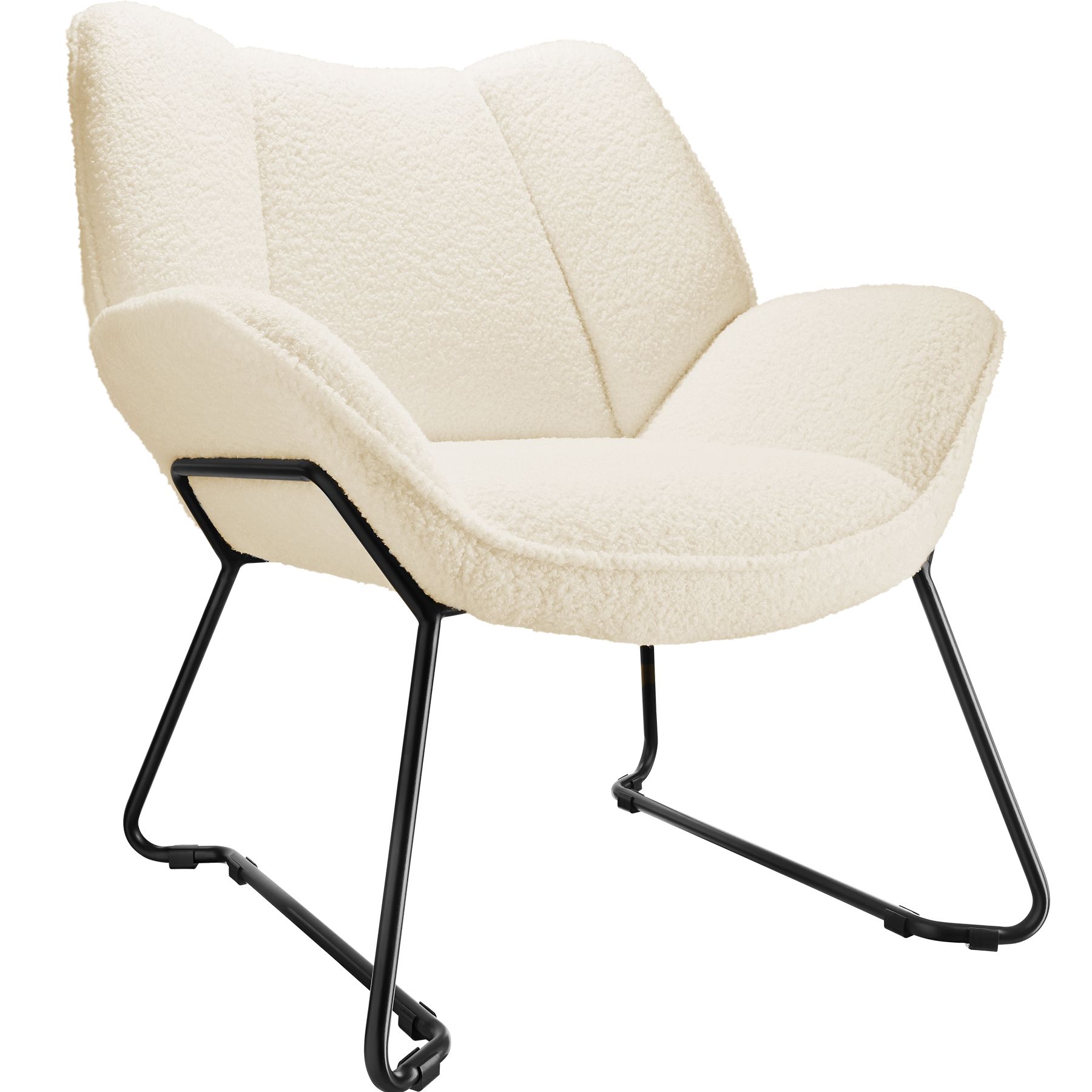 Armchair Kjeld - cosy bouclé fabric, wingback design, sleek steel frame