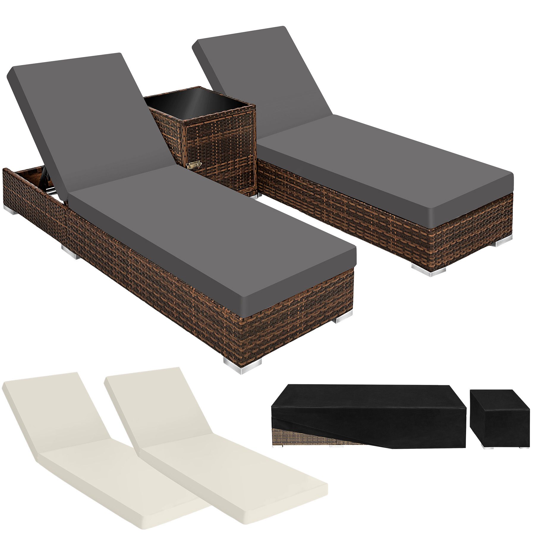 Sun Lounger Set - 2 loungers, 1 side table, aluminium frame, adjustable backrest, rain cover