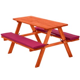 Kids wooden picnic bench with soft cushions