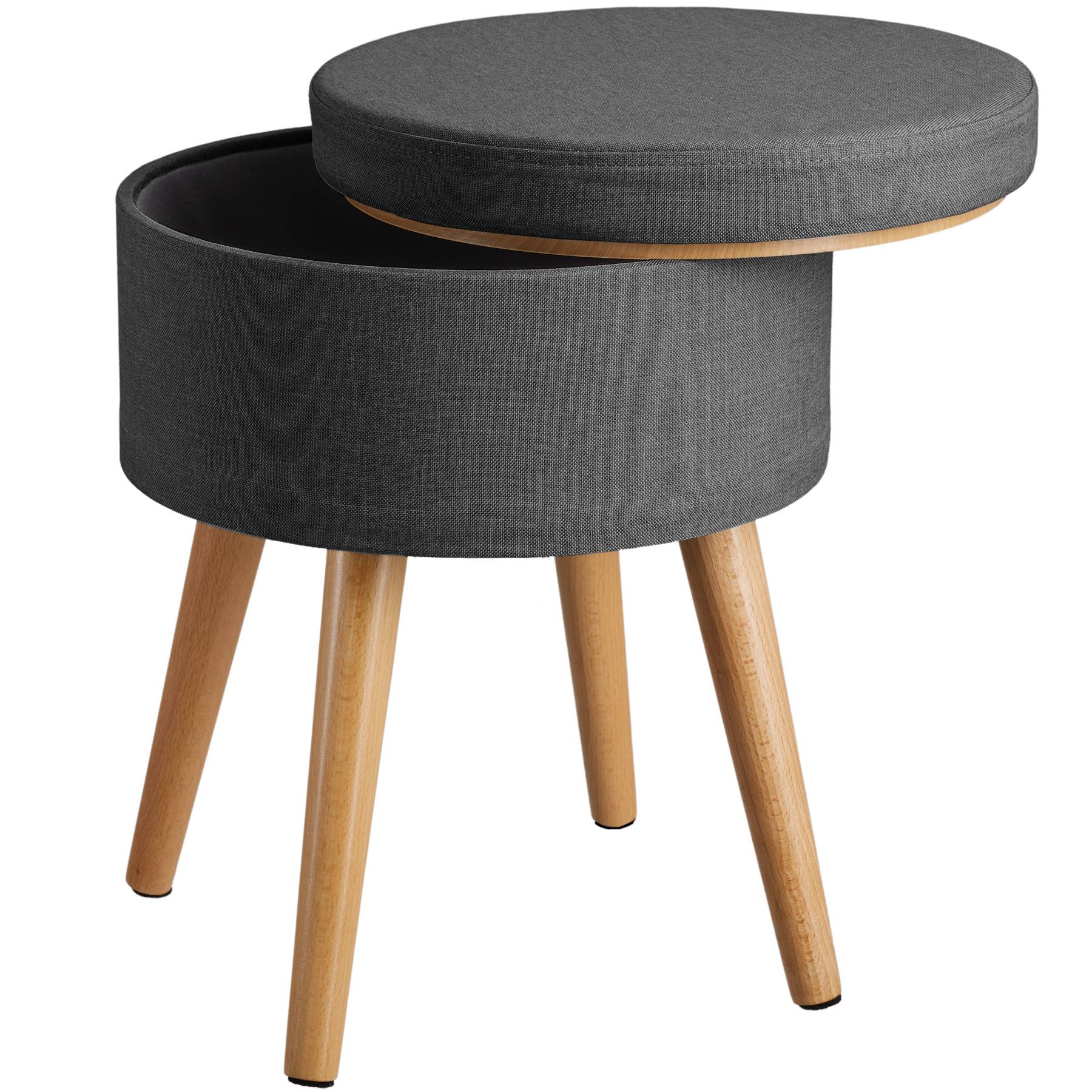 Stool Yara - round, padded, with storage space, linen look