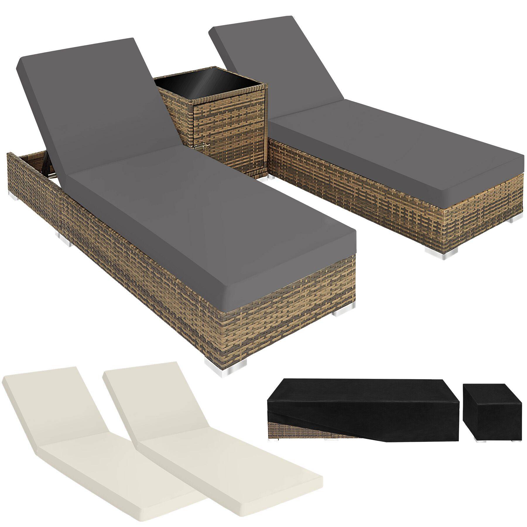 Sun Lounger Set of 2 Loungers and 1 Side Table with Cushions, Covers and Rain Cover