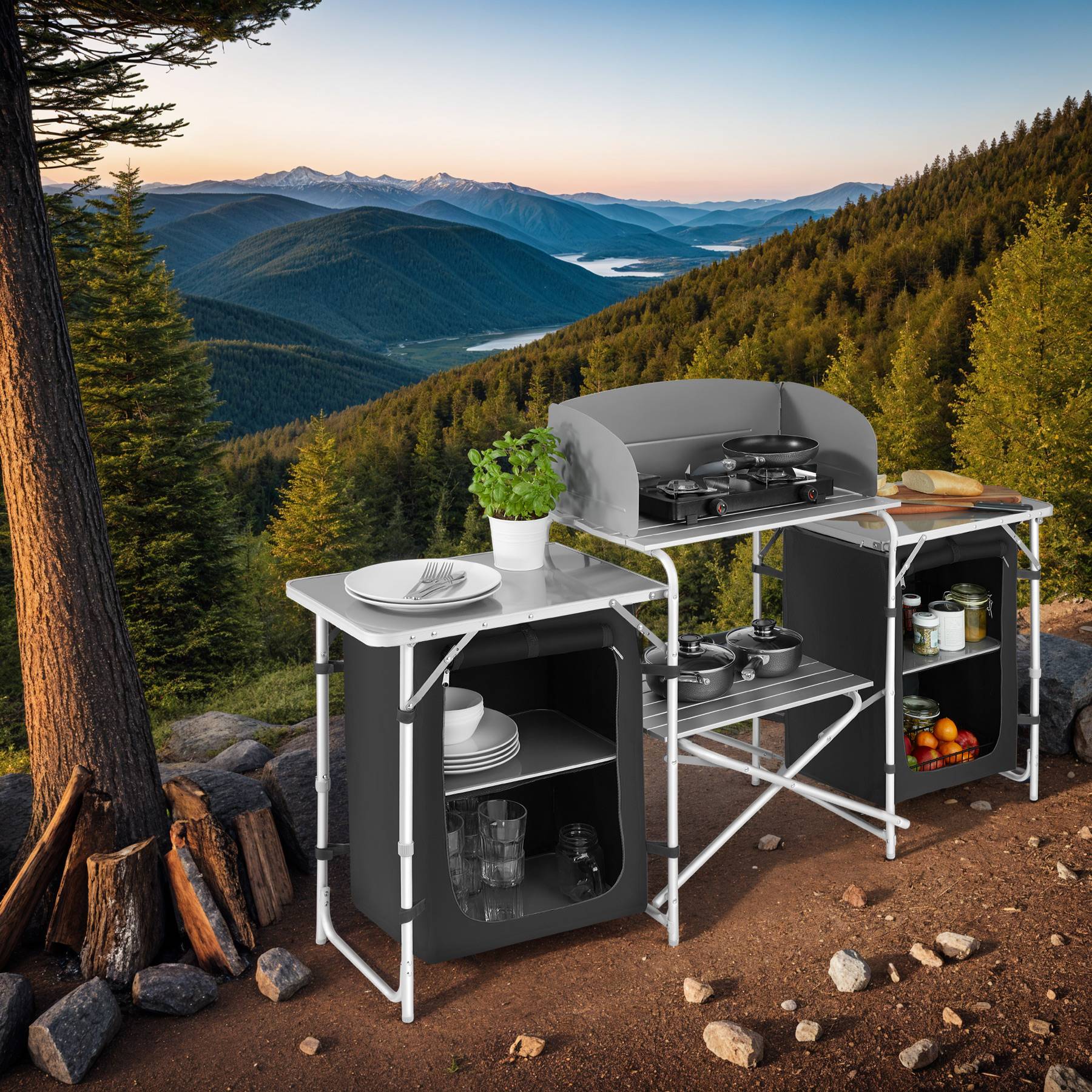 Camping Kitchen foldable with compartments, aluminium frame
