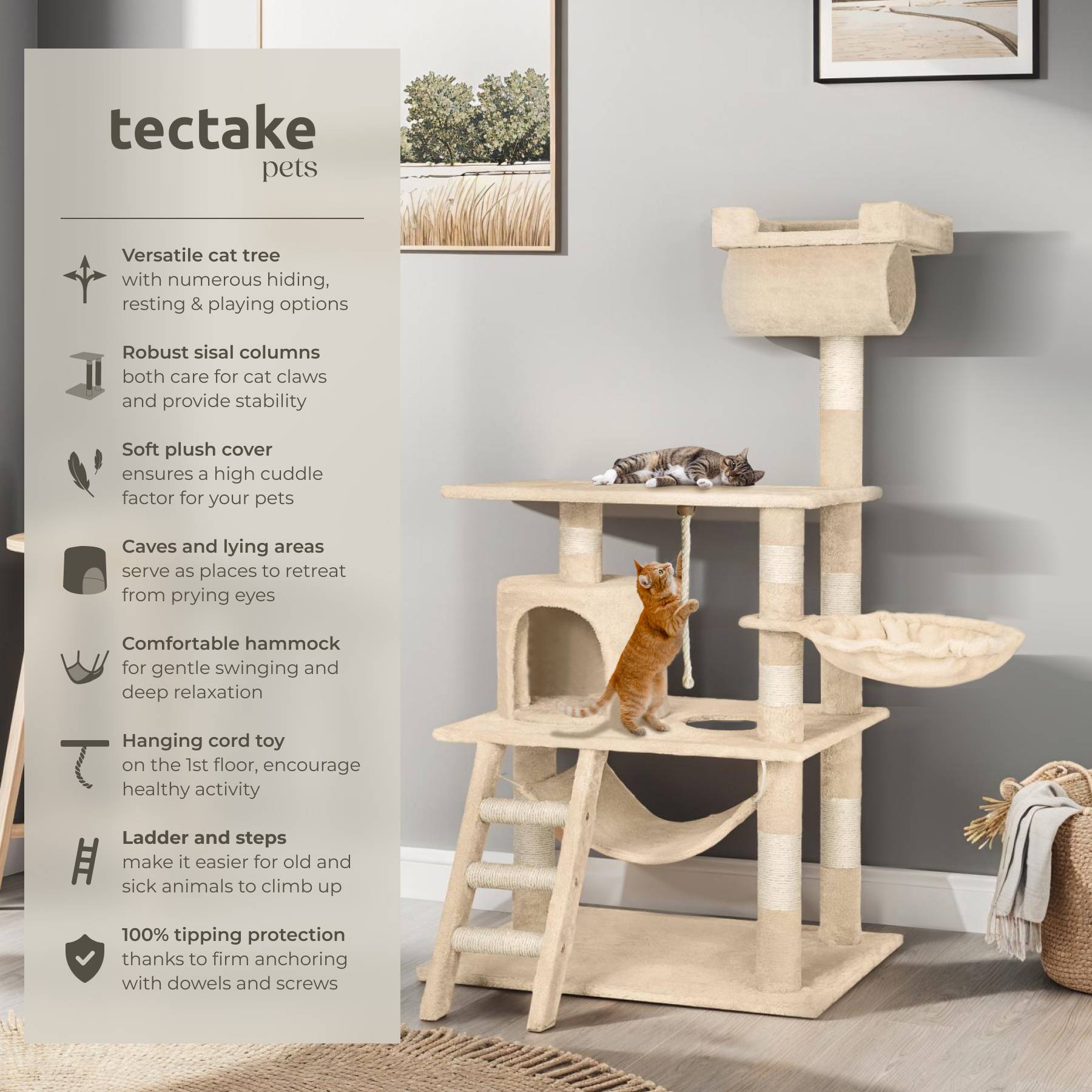 Cat Tree Stokeley 141 cm, sisal cat scratching post