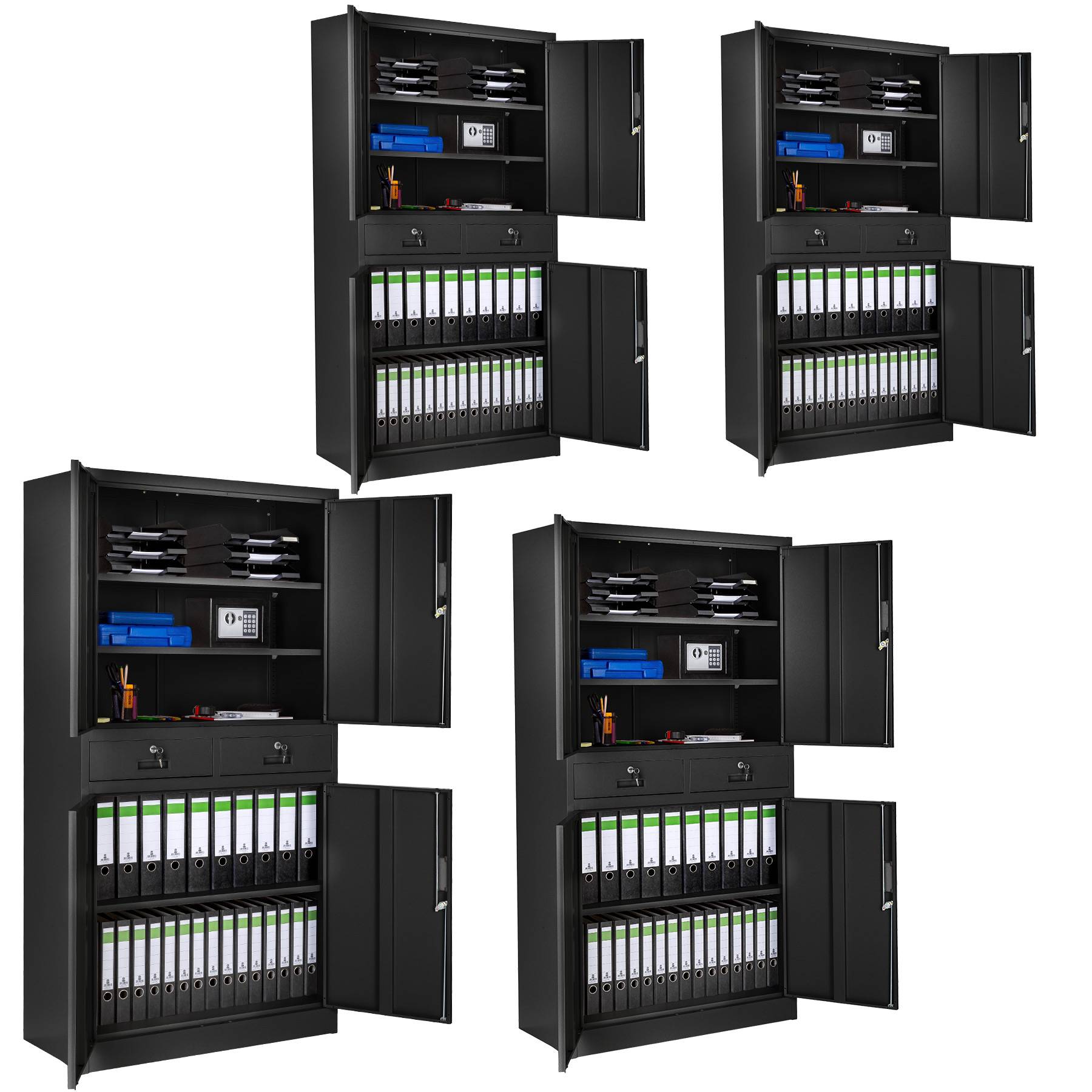 Filing Cabinet Set of 4 - 4 lockable doors, 2 drawers, 3 height-adjustable shelves