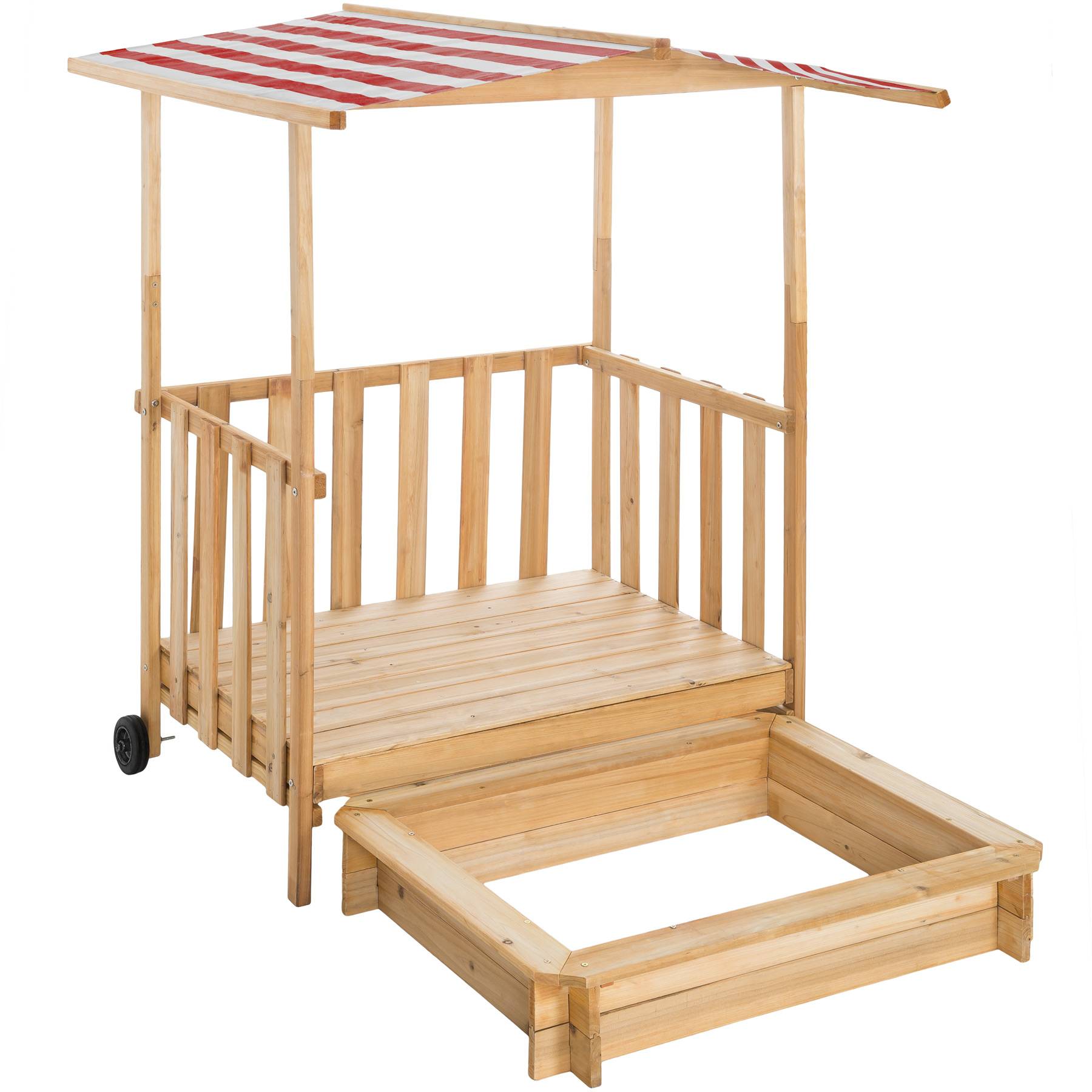 Sandpit - with seating areas and sunshade, play deck with railing, transport wheels