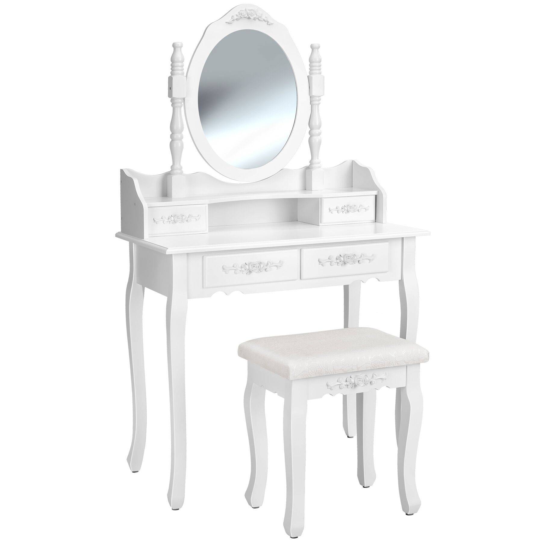 Dressing Table With Mirror And Stool 4 Drawers White Makeup Vanity Desk Dresser Bedroom Storage