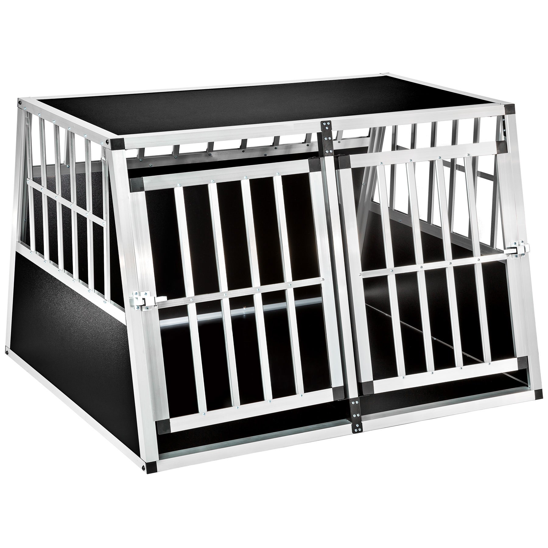 Buy Dog Crate Double with angled back wall made from aluminium robust and easy to maintain with protective plastic corners online cheap tectake