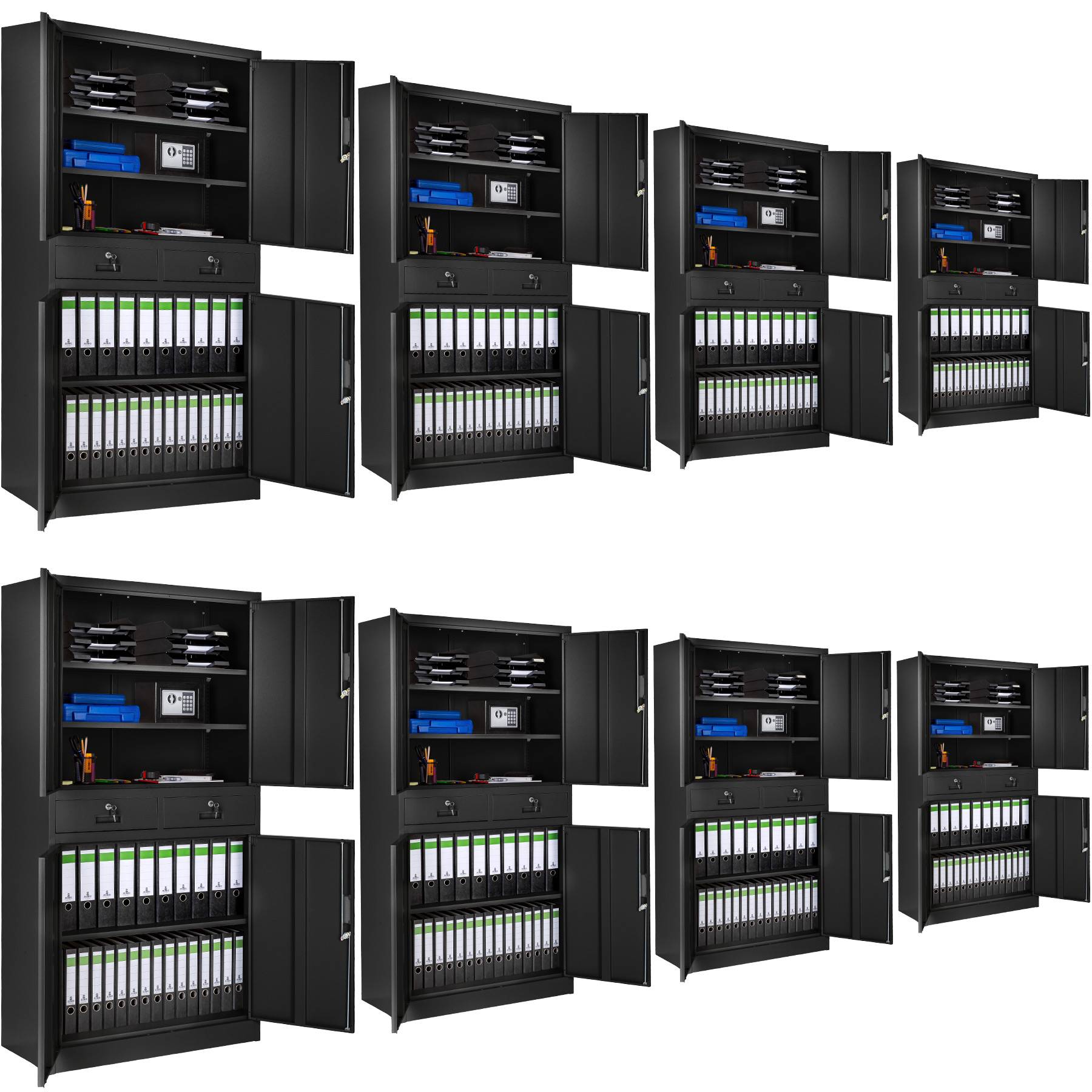 Filing Cabinet Set of 8 - 4 doors, 2 drawers, lockable, 3 height-adjustable shelves