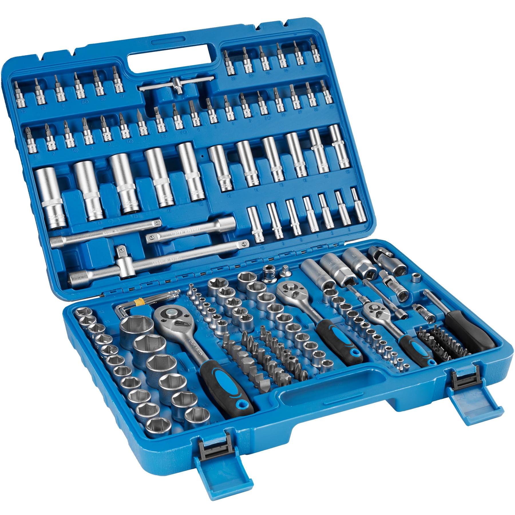 Ratchet Spanner Set - 171-piece, 1/4, 3/8 and 1/2 inch sockets, plastic case