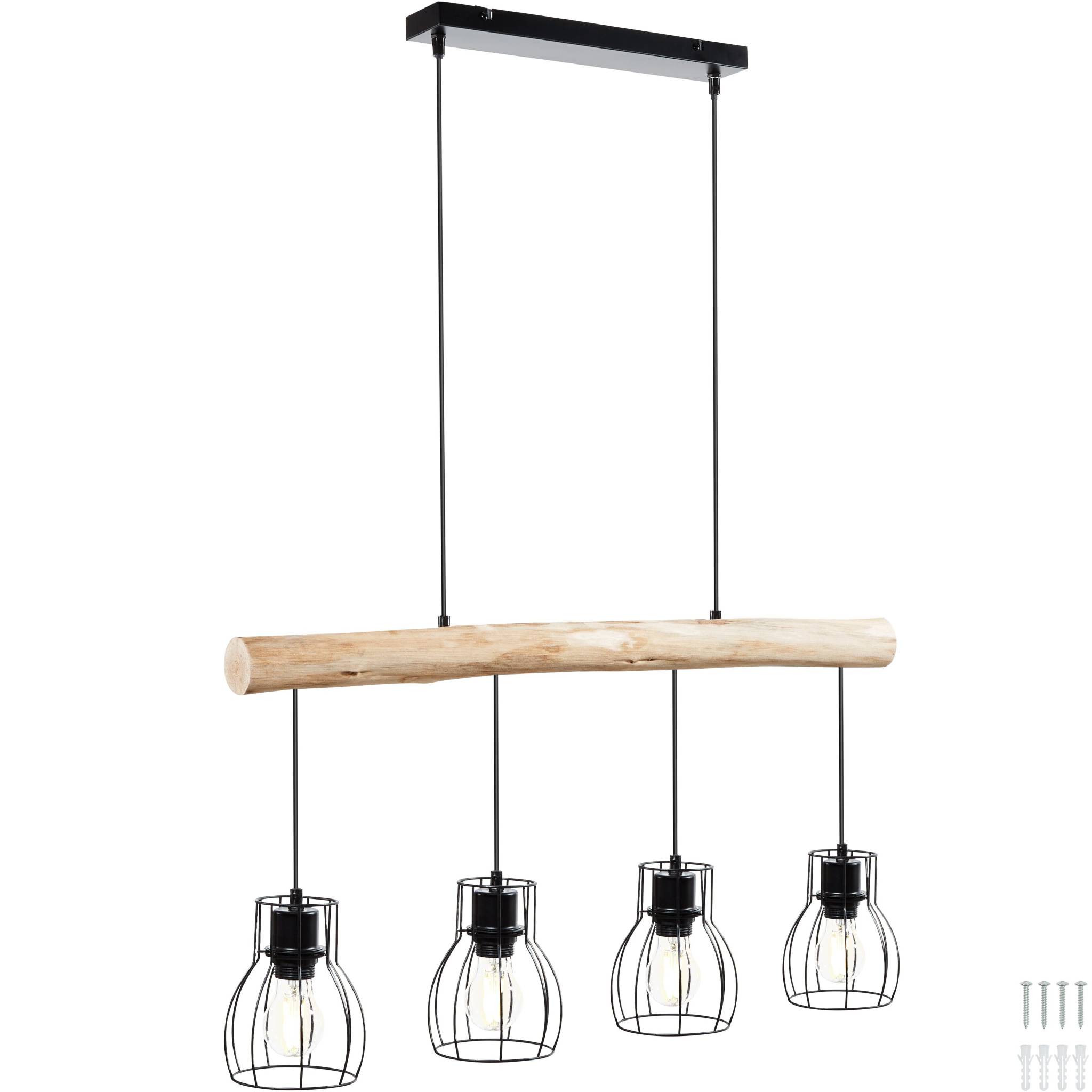 Pendant Light Woody - rustic wood & black metal, minimalist lampshades, 4x E27 bulbs, 82 x 13.5 x 140 cm