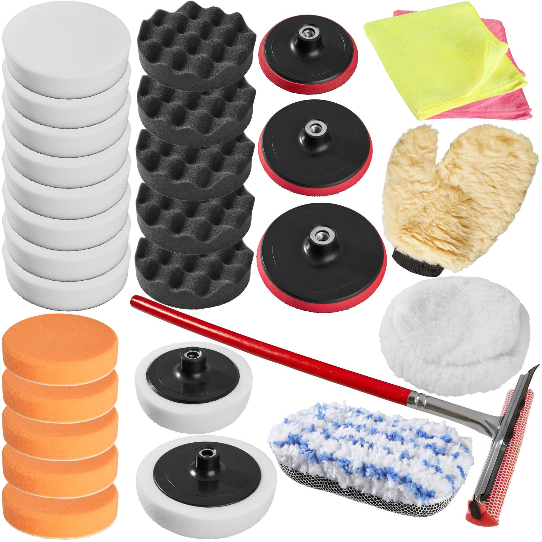 Buffer Pads - 1 pad, 18 sponges, wiper, sponge, glove, 2 microfibre cloths, 5 polishing wheels