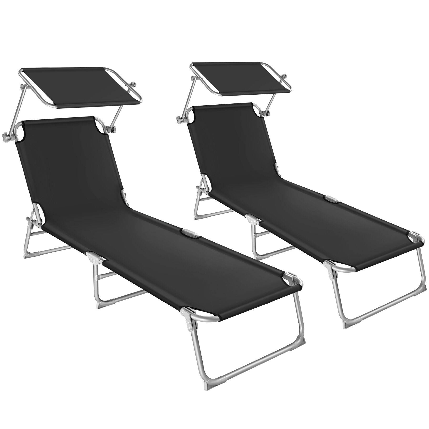 Sun Lounger Set of 2 - foldable, adjustable sunshade and 4-step backrest