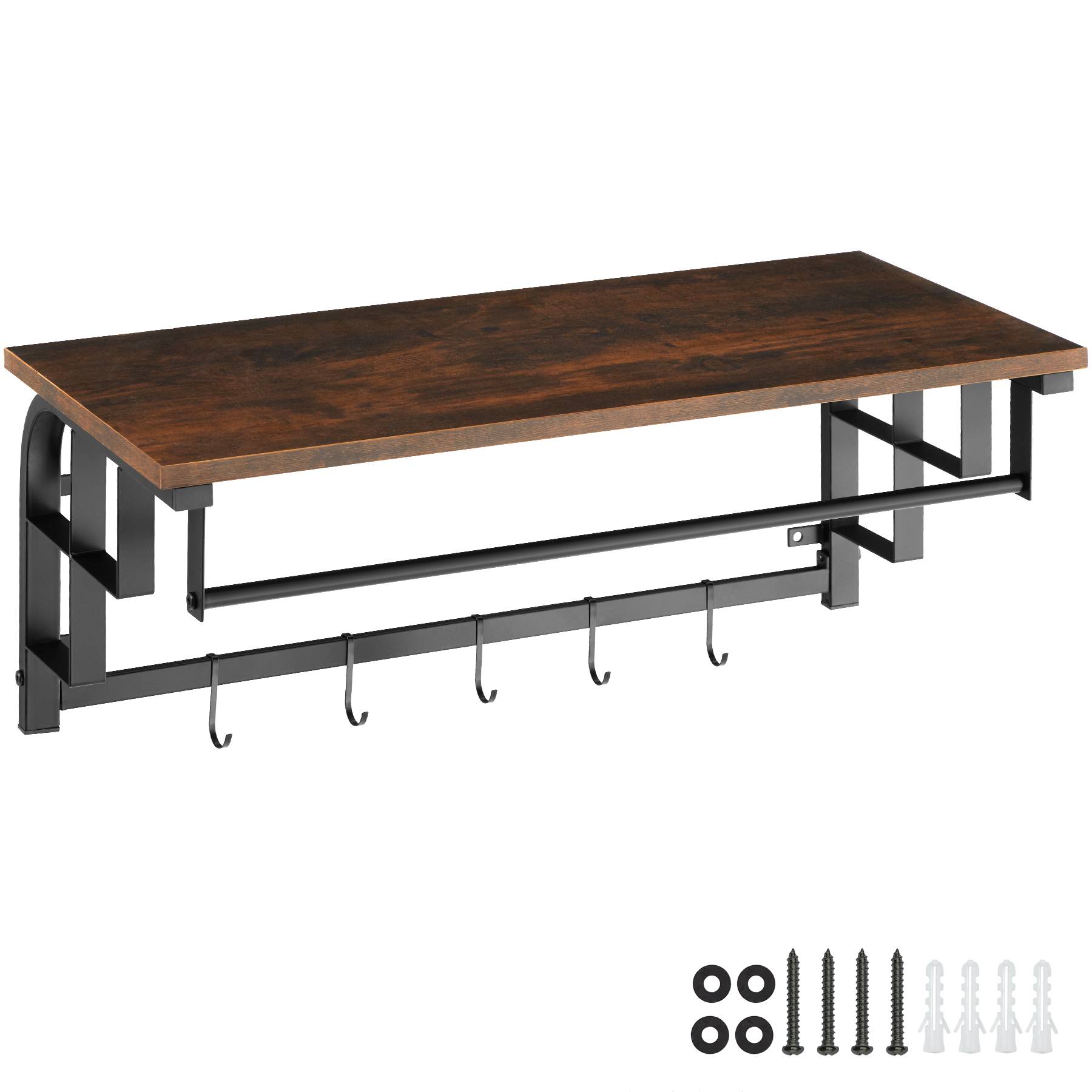 Coat Rack - wall mounted, storage shelf, hanging rail, 5 hooks