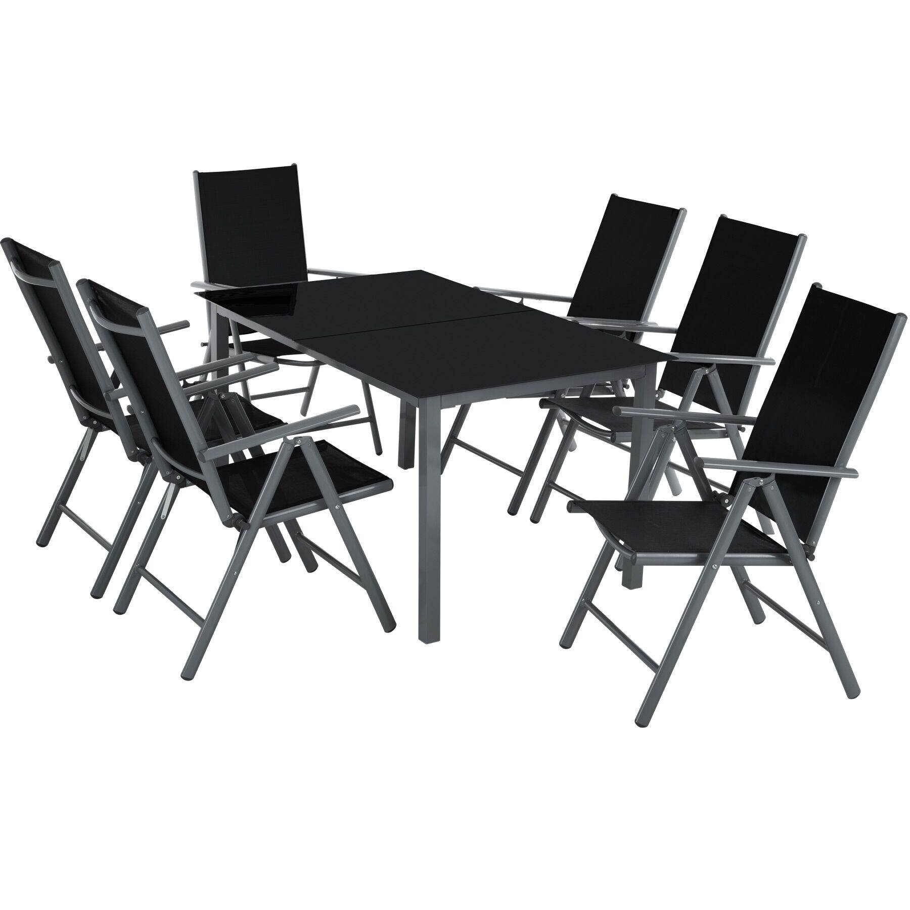 Garden Table and Chairs - aluminium frame, for 6 people, adjustable backrests, safety glass table
