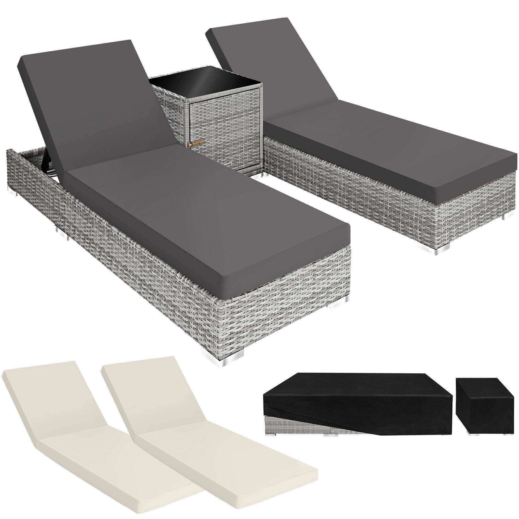 Sun Lounger Set of 2 Loungers and 1 Side Table with Cushions, Covers and Rain Cover