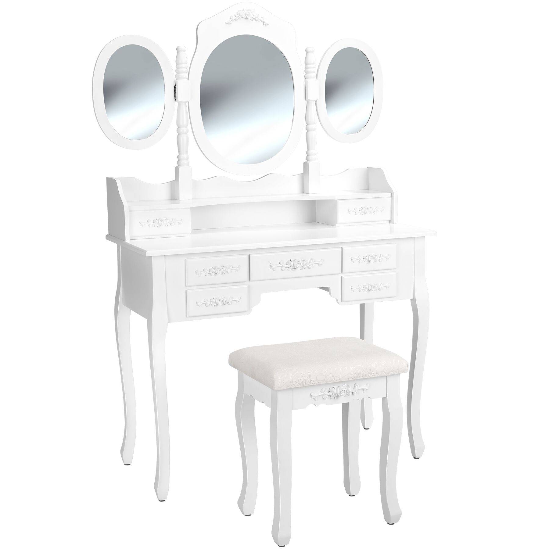 Dressing Table - 7 drawers, 3 mirrors and stool, antique look