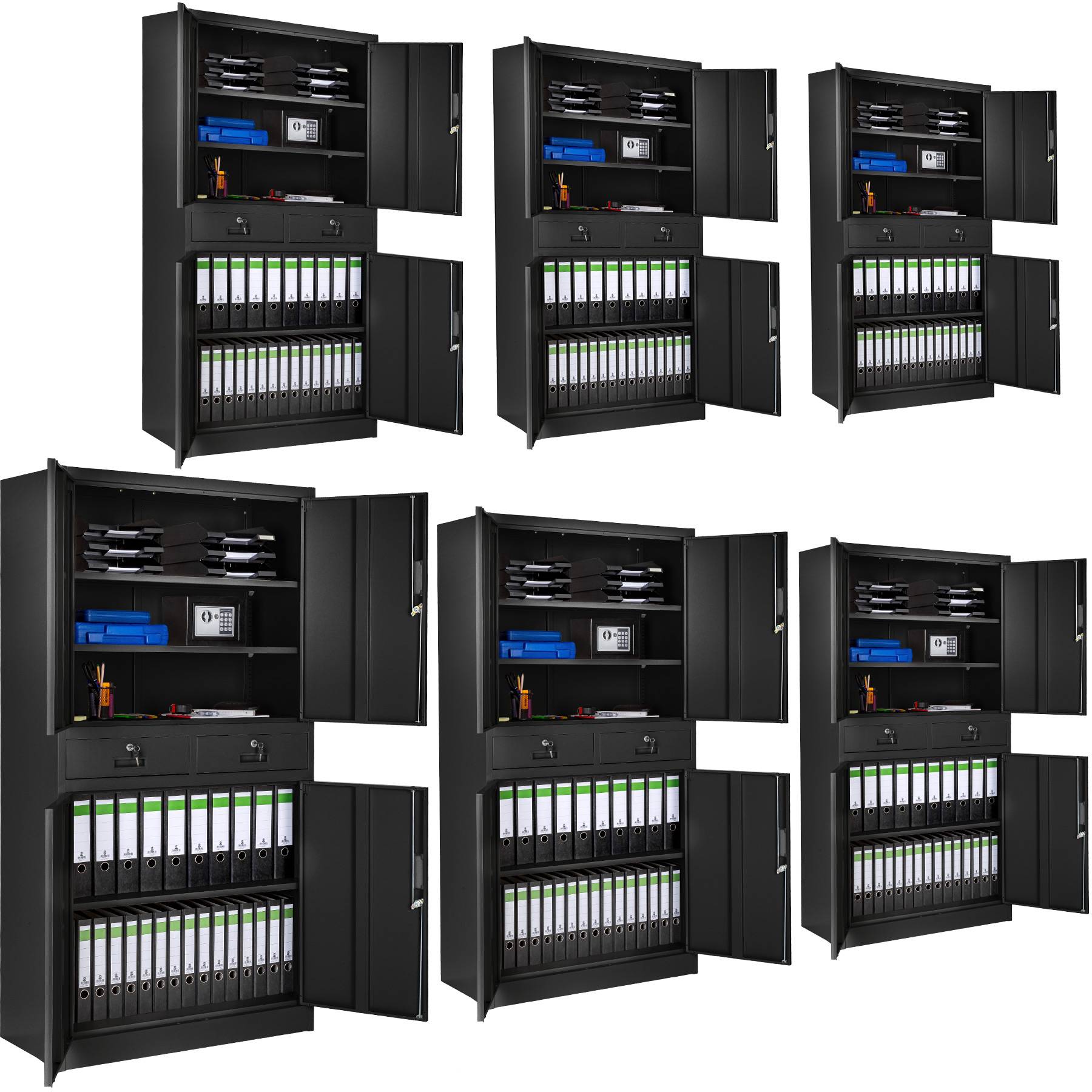 Filing Cabinet Set of 6 - 4 doors, 2 drawers, lockable, 3 height-adjustable shelves