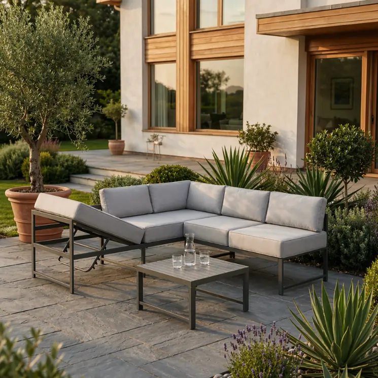 A modern grey lounge area with a coffee table on a stone terrace in front of a residential building.
