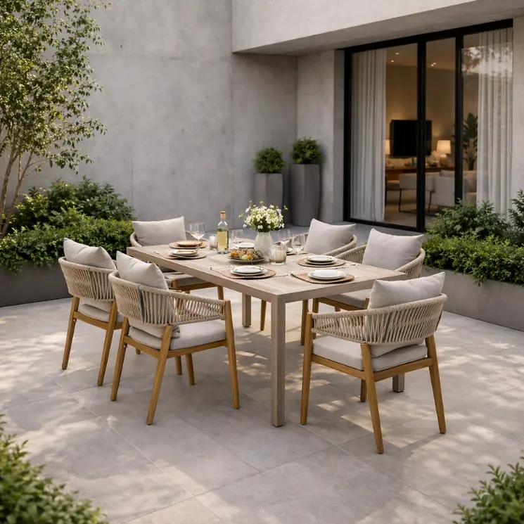 A wooden table with six rope-woven chairs on a bright, modern terrace.