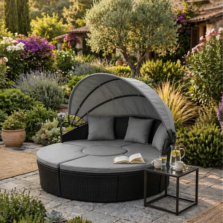 A round, dark sun lounger with a grey canopy in a flower-filled garden.