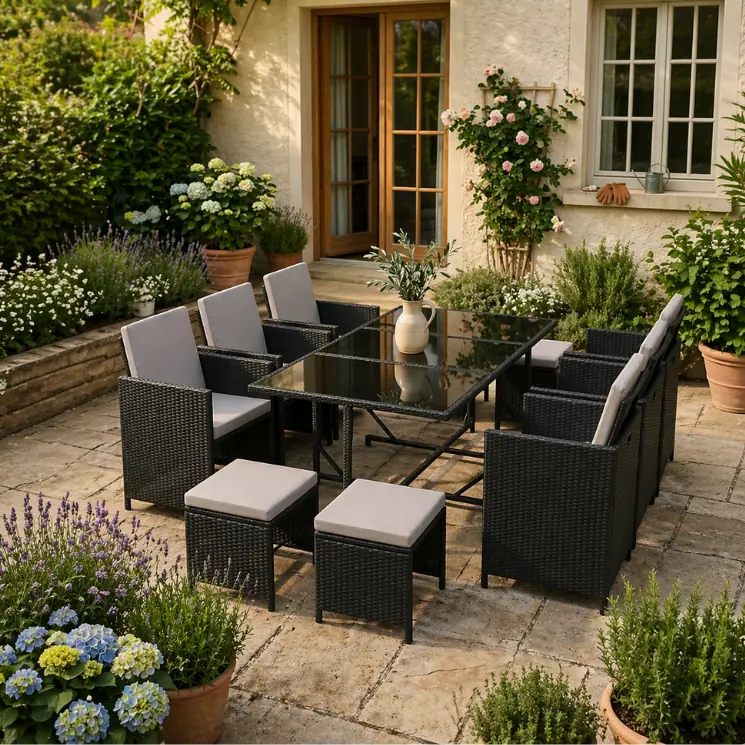 A black poly rattan dining set with a glass top and stools in an idyllic garden.