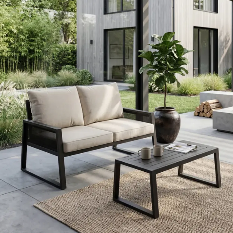 A minimalist black outdoor sofa and side table on a natural rug.