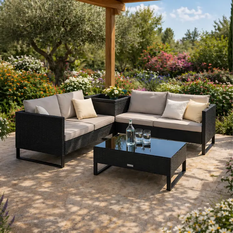 Corner lounge set in black wicker with light-coloured cushions and a matching coffee table.