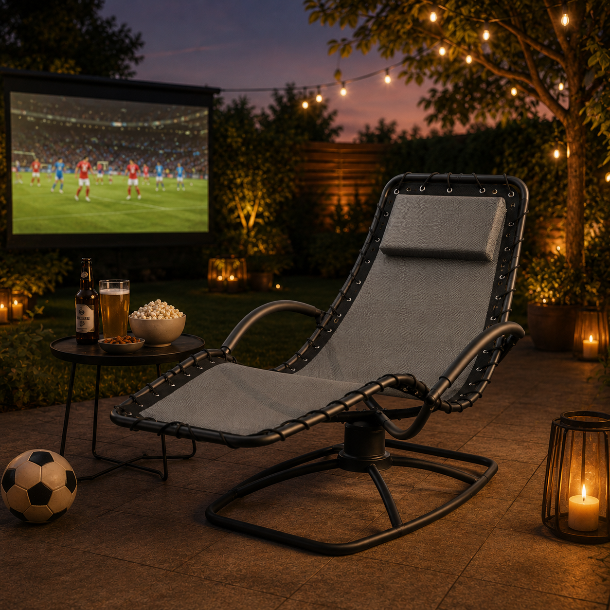 Sun loungers in a summery garden area