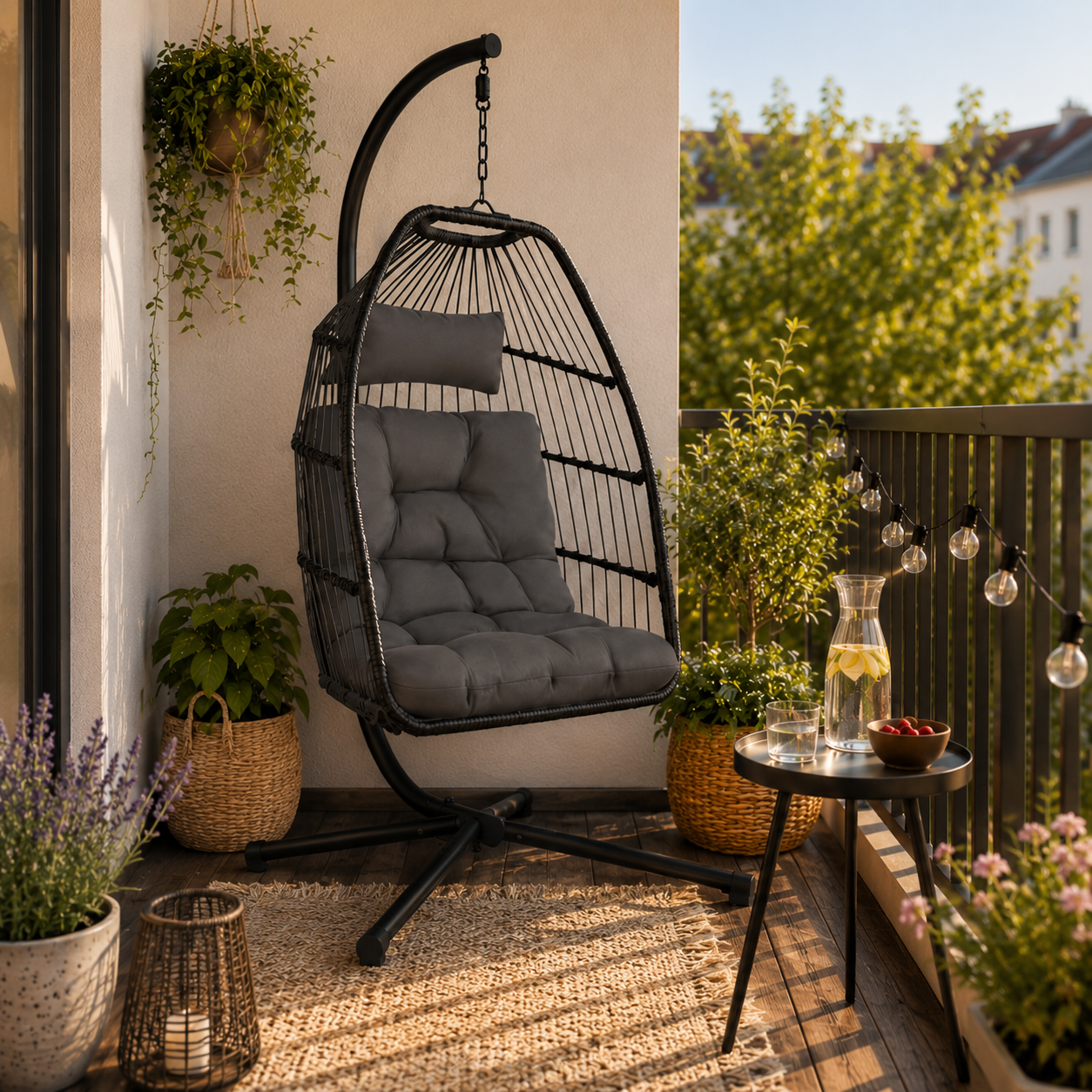 Black hanging chair with cushion on a cosy balcony