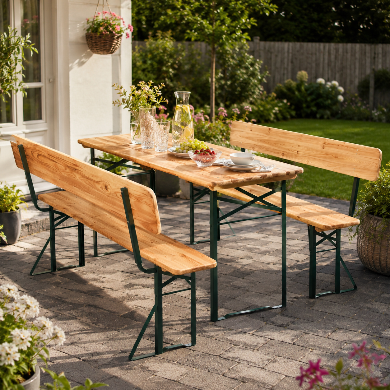 Wooden beer table set with a set table in the garden