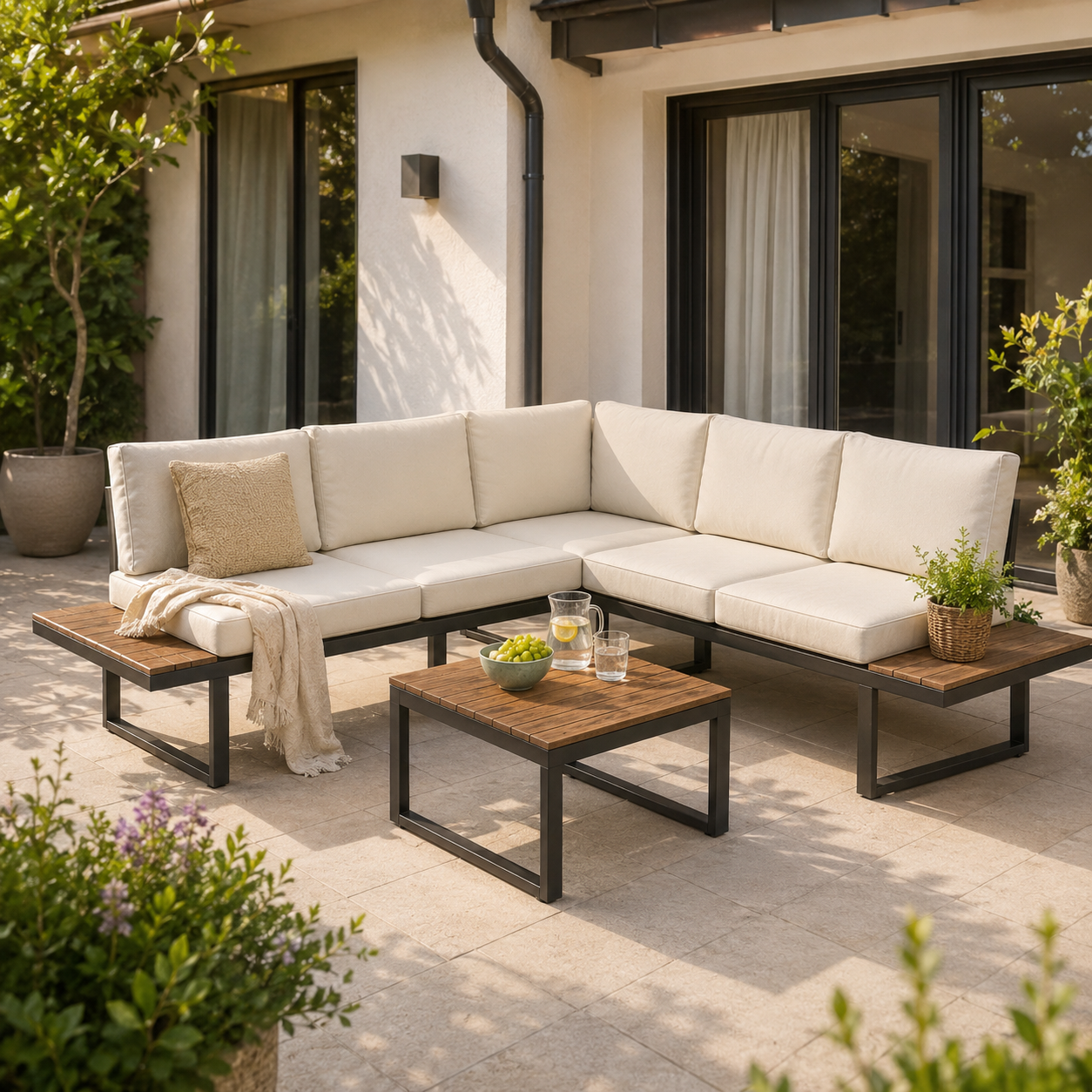 Light-coloured garden lounge set with coffee table on a sunny terrace