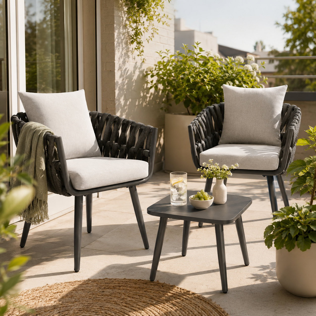Two black garden chairs with light cushions and a side table