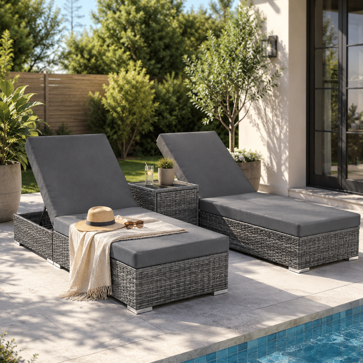 Two grey sun loungers with a table by the pool on a modern terrace