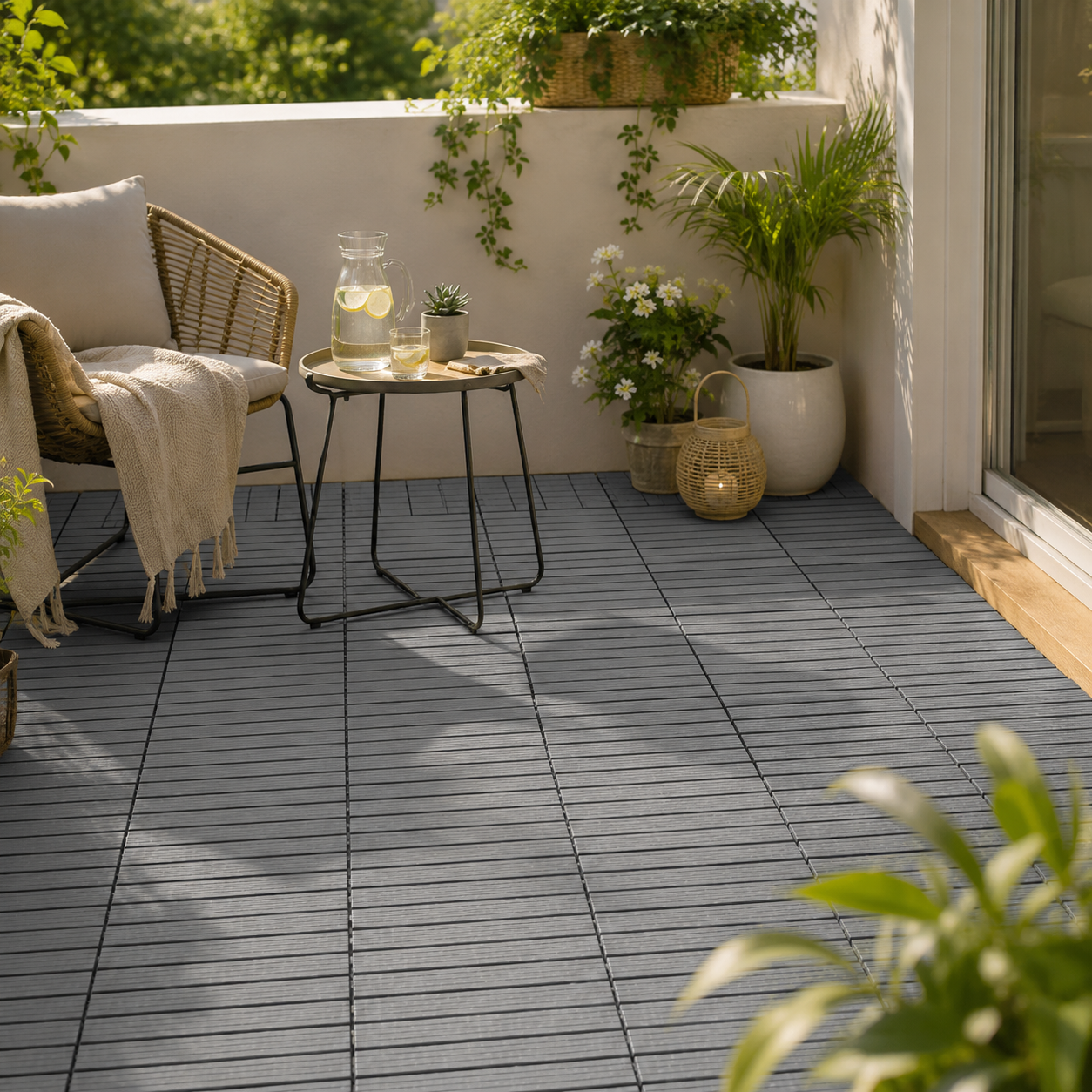 Balcony with grey floor tiles, plants and a small garden table