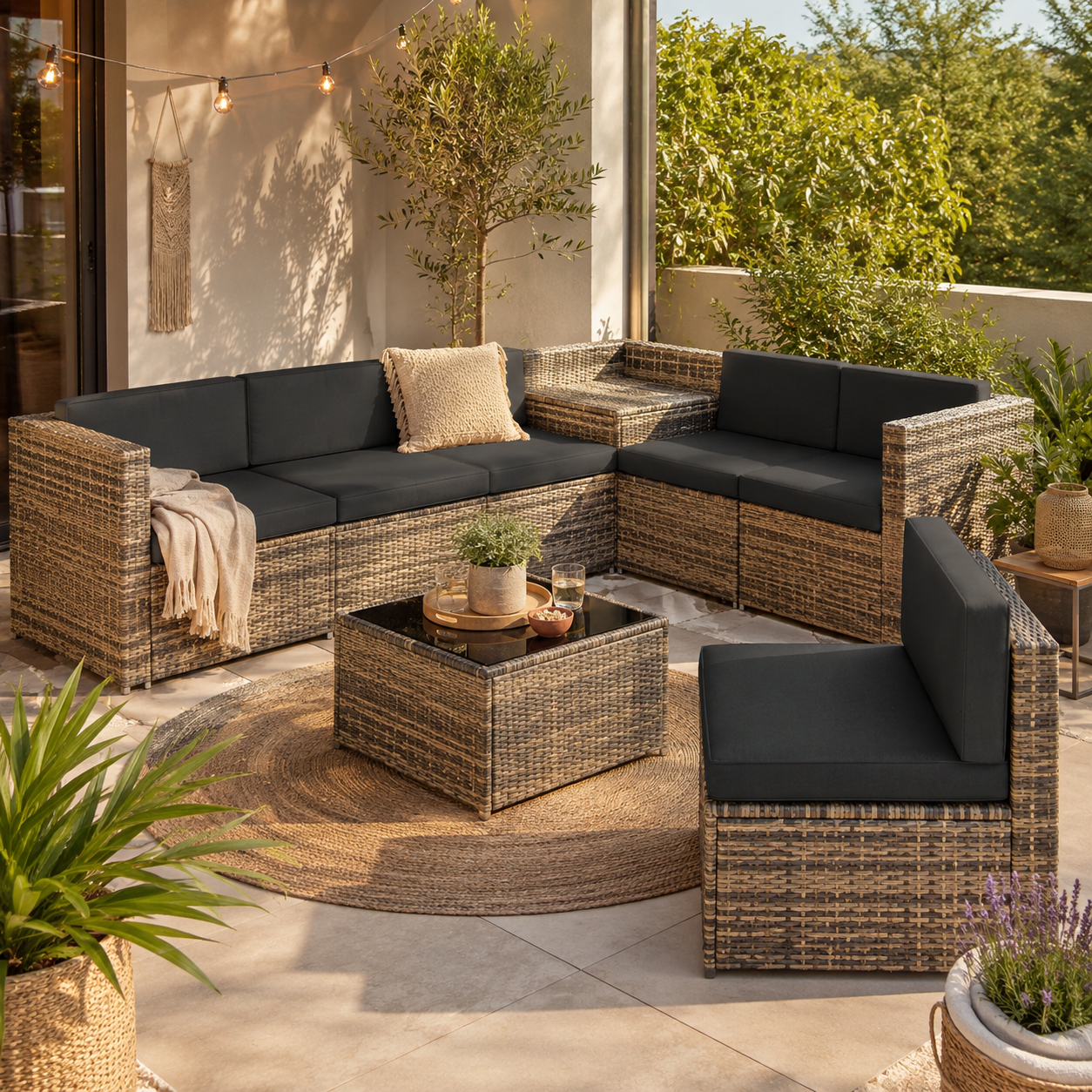 Rattan lounge set with table and grey cushions on a terrace