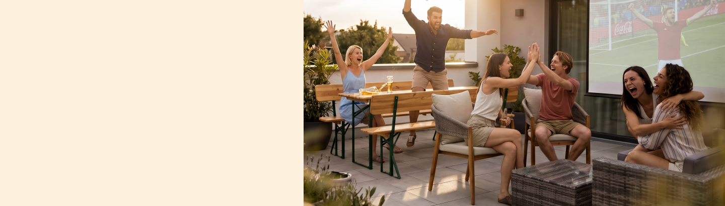 Football summer with beer table sets, projection screens and garden furniture for relaxed match days