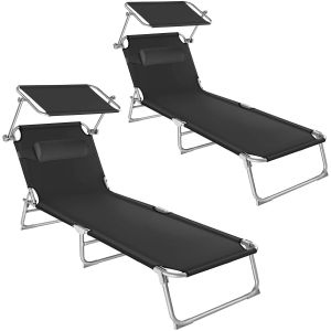 Set of 2 Sun Loungers Chlo&eacute;, Foldable with Sunroof, 4-Step Backrest, Head Cushion