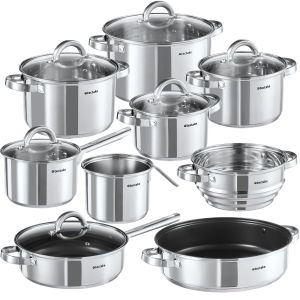 15 Piece Pan Set with 5 Saucepans, 2 Frying Pans, Steamer, Milk Pot and 6 Glass Lids