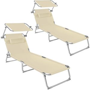 Set of 2 Sun Loungers Chlo&eacute;, Foldable with Sunroof, 4-Step Backrest, Head Cushion