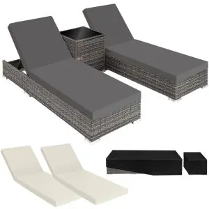 Sun Lounger Set of 2 Loungers and 1 Side Table with Cushions, Covers and Rain Cover