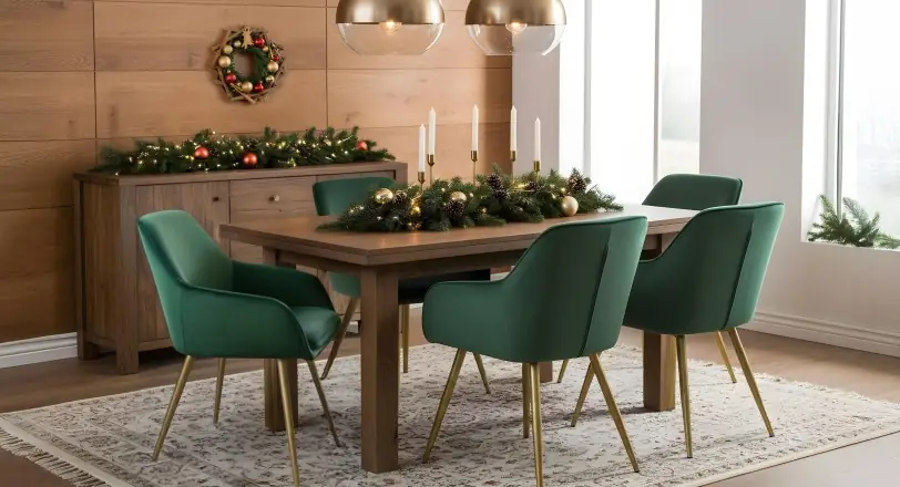 Festively laid dining table with green chairs and Christmas decorations