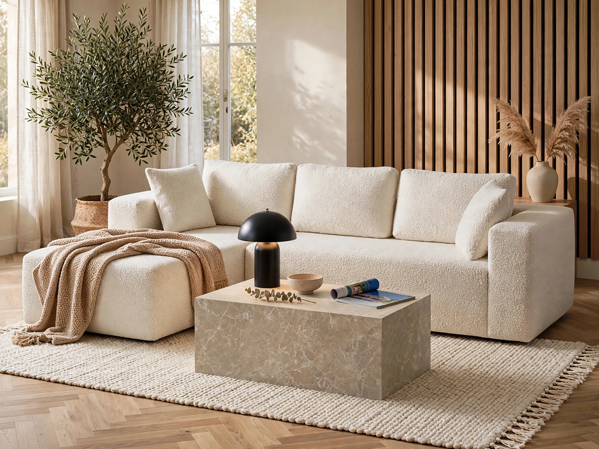 A modern living room with a light-coloured sofa, coffee table
