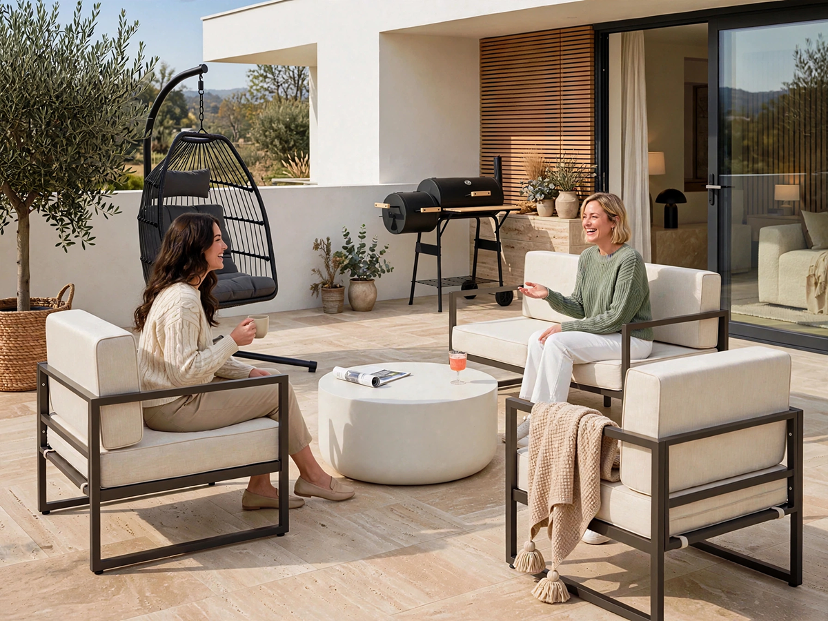 A modern patio with garden furniture, a hanging chair and a barbecue