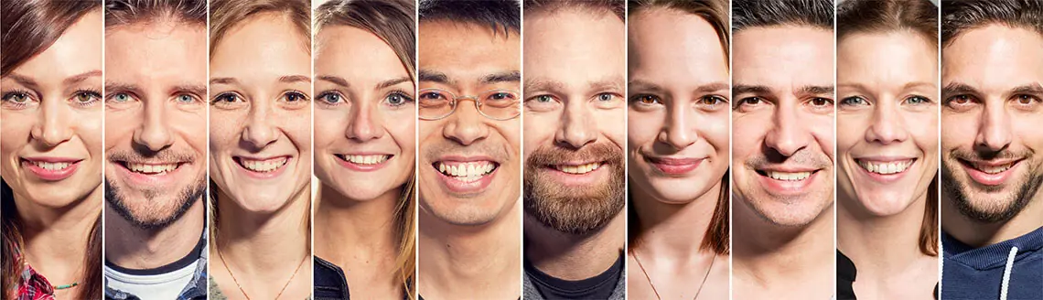 Collage of smiling tectake team members side by side, reflecting our diverse and approachable people