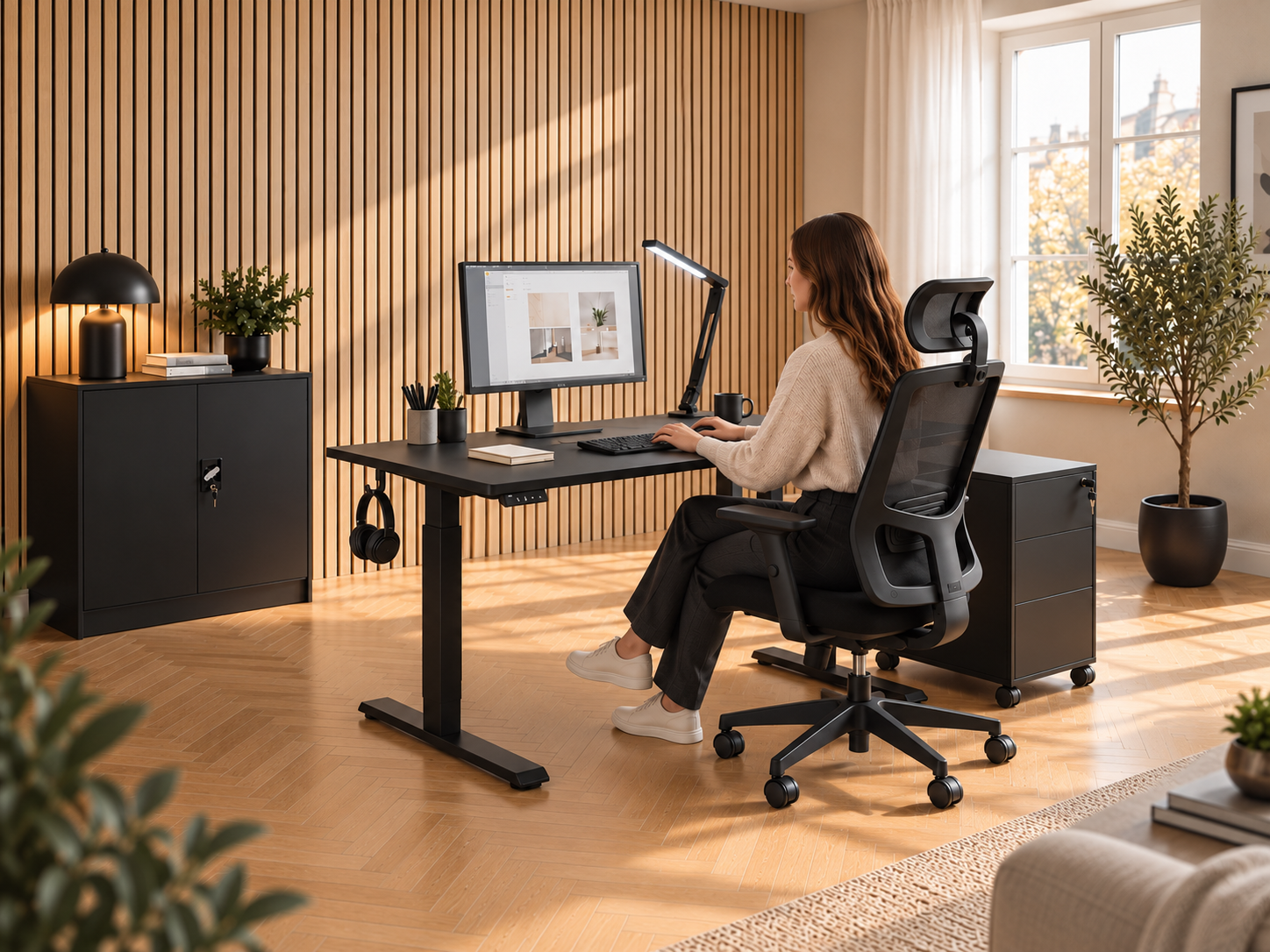 Modern home office with desk, office chair and black storage unit.