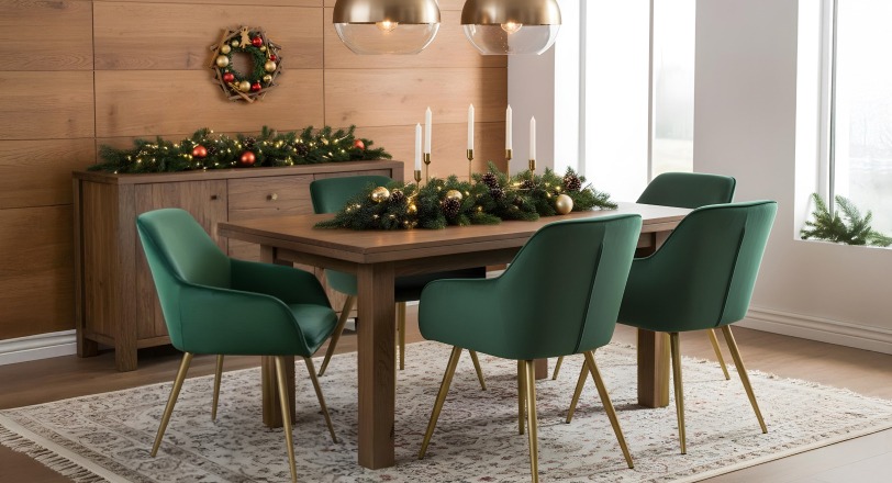 Festively laid dining table with green chairs and Christmas decorations